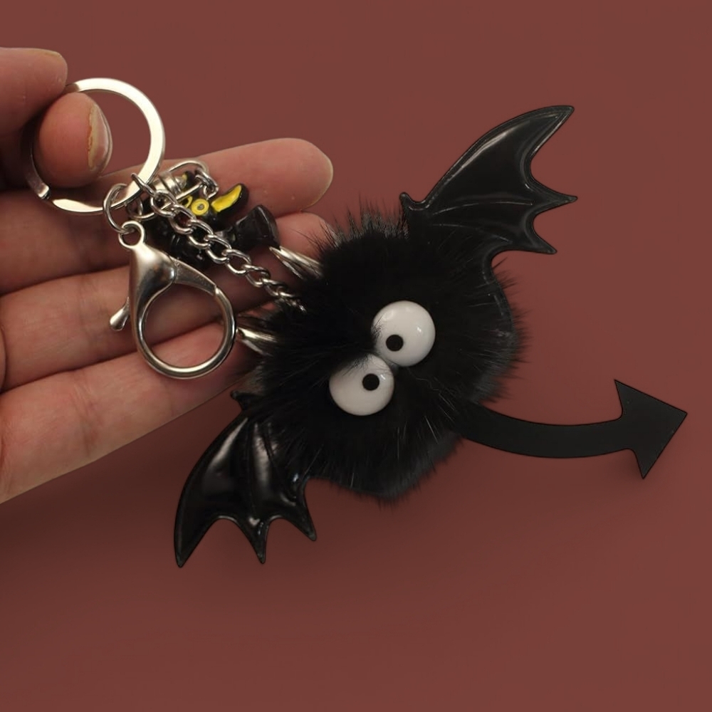 Cute Black Bat Keychain with Fluffy Pom - Picture 2 of 6